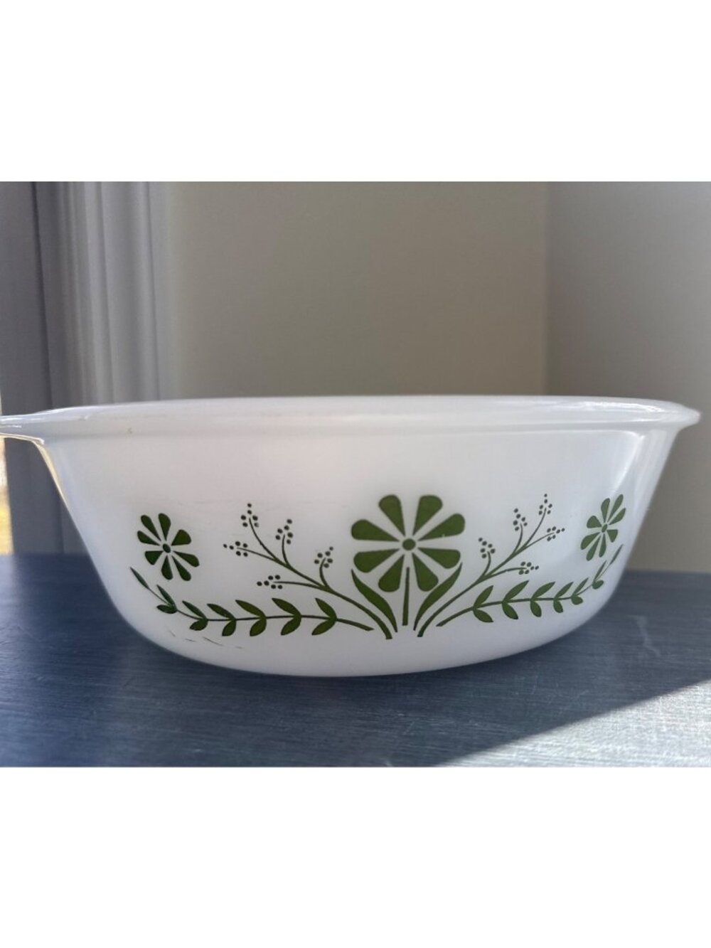Glasbake Corelle Bowl 2.5 Qt Casserole Dish Retro MCM VTG Milk Glass Green Daisy